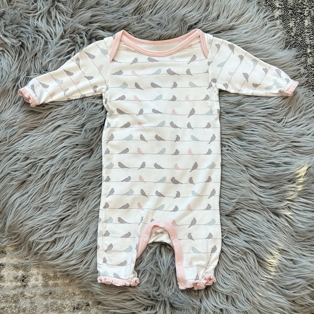 BESTAROO Bamboo White Ruffled Multicolored Bird Romper‎ Size 0-3 Month